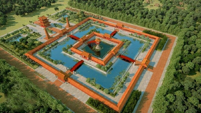 Tranh phong cảnh di tích lịch sử Chùa Một Cột từ trên cao bằng công nghệ thực tế ảo