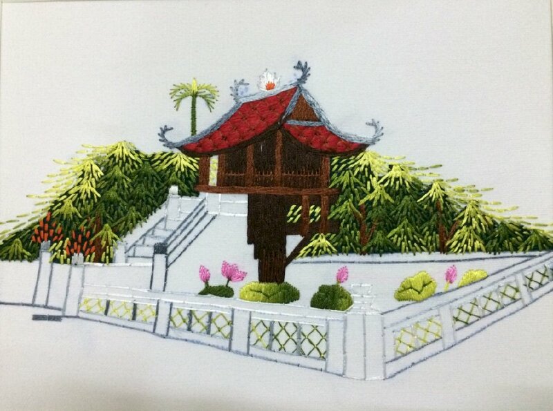 Tranh vẽ phong cảnh Chùa Một Cột bằng màu nước