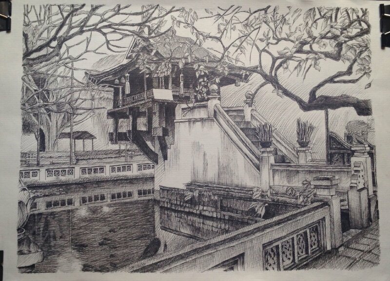 Tranh phong cảnh chùa Một Cột - Kiệt tác mang hồn dân tộc trong bức tranh