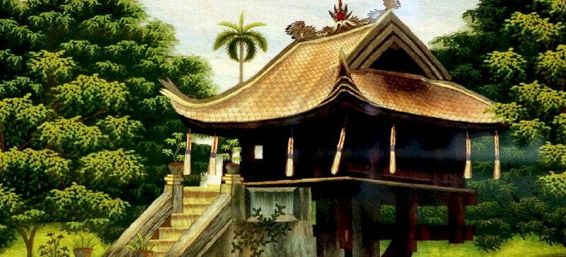 Tranh phong cảnh chùa một cột máu ngói cũ kỹ bên dàn cây xanh