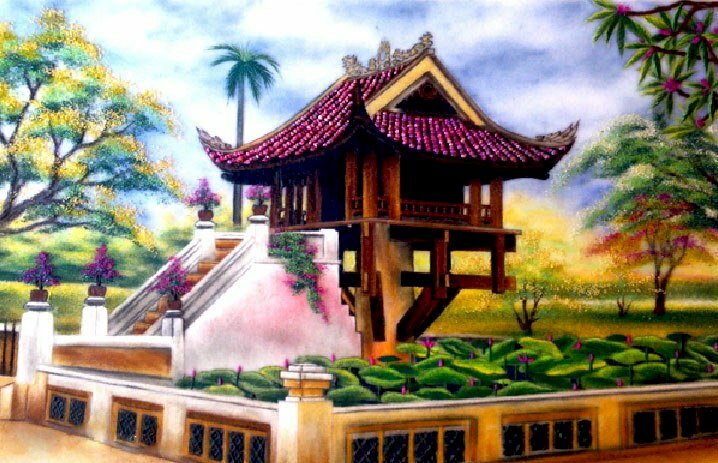 Tranh phong cảnh chùa Một Cột khơi dậy dòng lịch sử dân tộc thời Lý