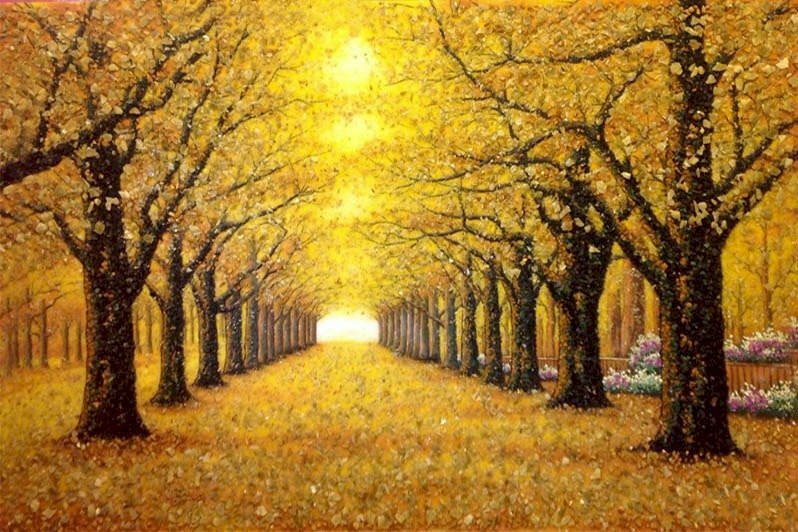 Tranh phong cảnh hàng cây mùa thu lá vàng tuyệt đẹp