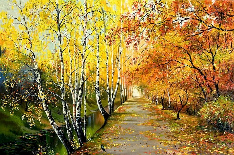 Tranh phong cảnh hàng cây mùa thu làm tranh treo tường đẹp