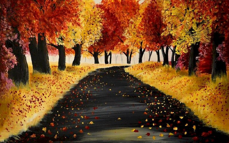 Tranh phong cảnh hàng cây mùa thu màu sắc đẹp