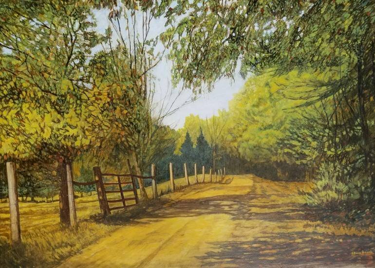 Tranh phong cảnh hàng cây và con đường nơi làng quê đẹp bình yên