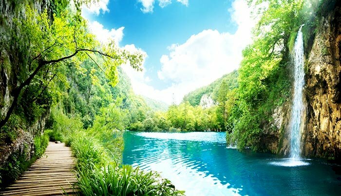 Tranh 3D phong cảnh hồ nước xanh trong mát mắt