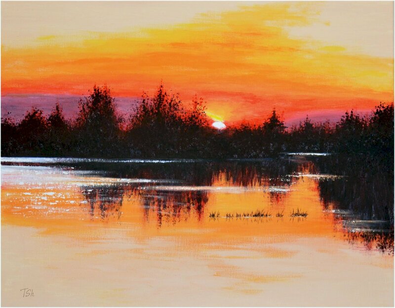 Tranh phong cảnh hồ nước trong ánh chiều chạng vạng đẹp ngẩn ngơ