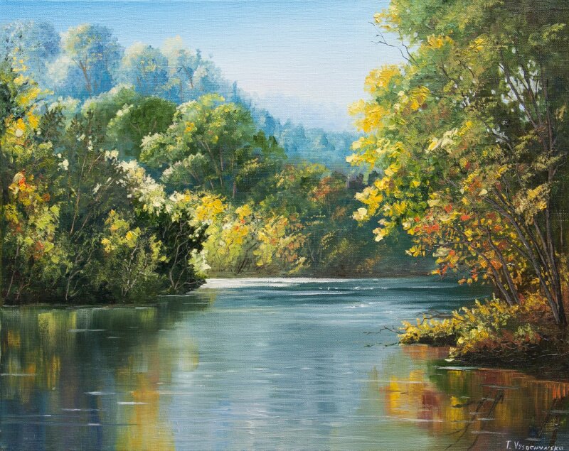 Tranh phong cảnh hồ nước vẽ sơn dầu làm tranh trang trí phòng khách đẹp