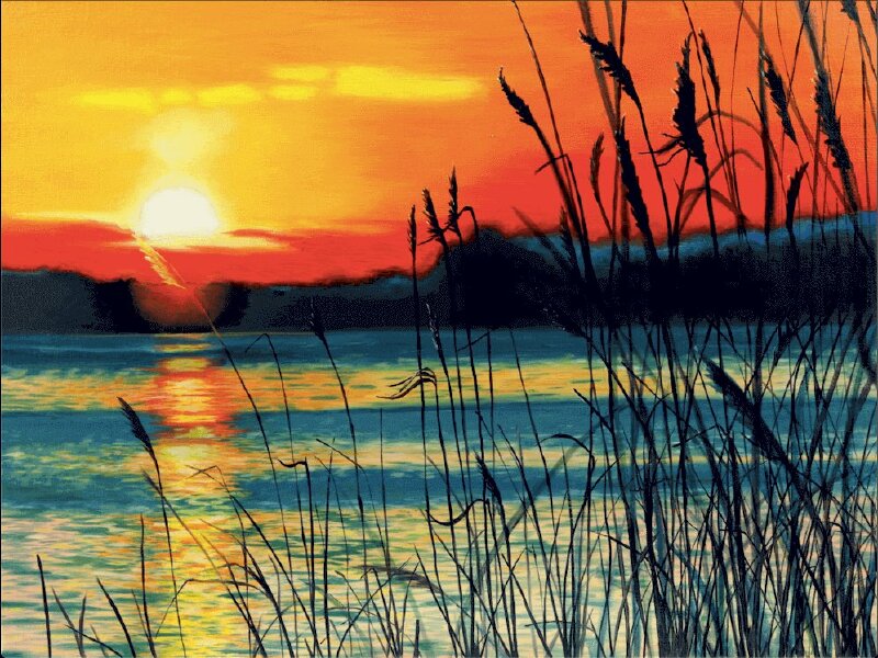 Tranh vẽ sơn dầu phong cảnh hồ nước trong ánh chiều hoàng hôn tuyệt đẹp