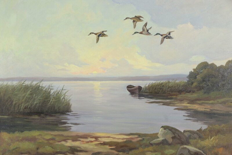 Tranh sơn dầu phong cảnh hồ nước mang vẻ đẹp Vintage