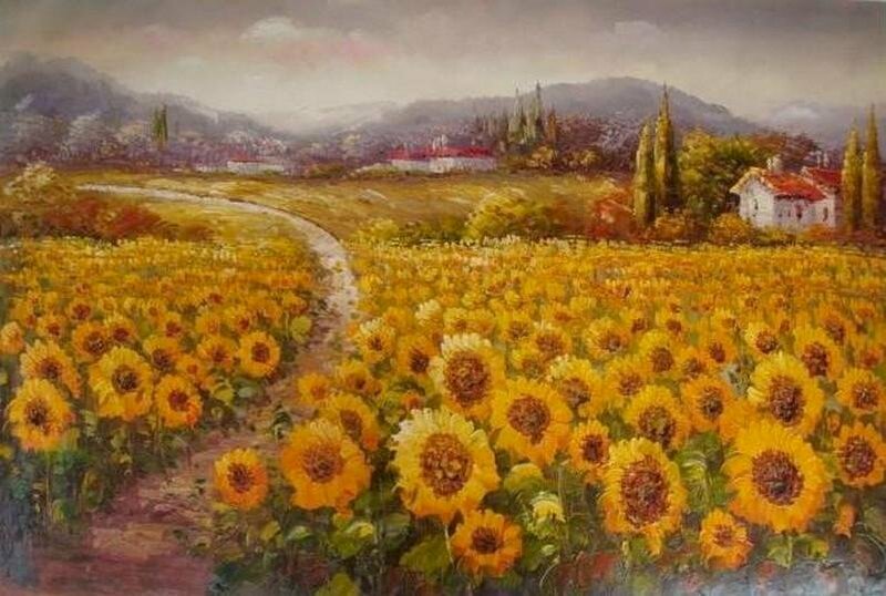 Tranh sơn dầu phong cảnh cánh đồng hoa hướng dương đẹp nghệ thuật