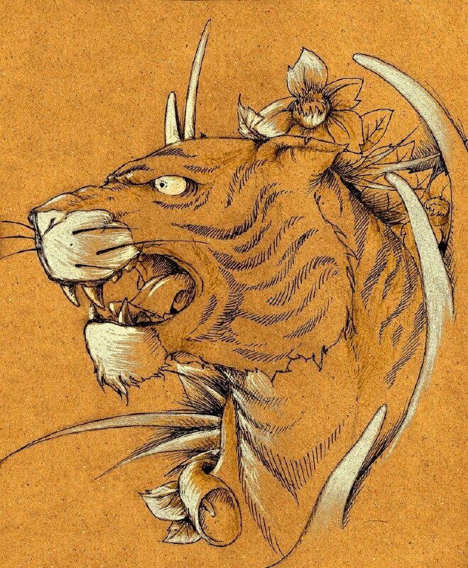 Tranh phong cảnh hổ vàng với đôi mắt sáng và hàm răng béng