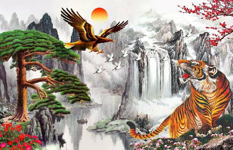 Tranh phong cảnh sơn thủy núi non và hổ vàng đang gầm gừ