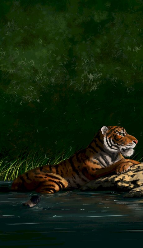 Tranh phong cảnh hô vàng đang nghỉ ngơi bên bờ suối