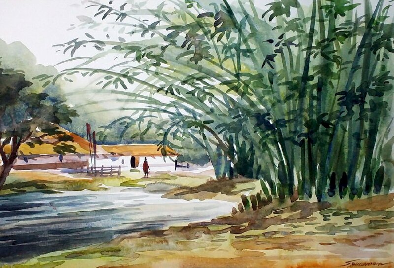 Tranh phong cảnh làng quê làm tranh treo tường đẹp cho người tuổi Dậu