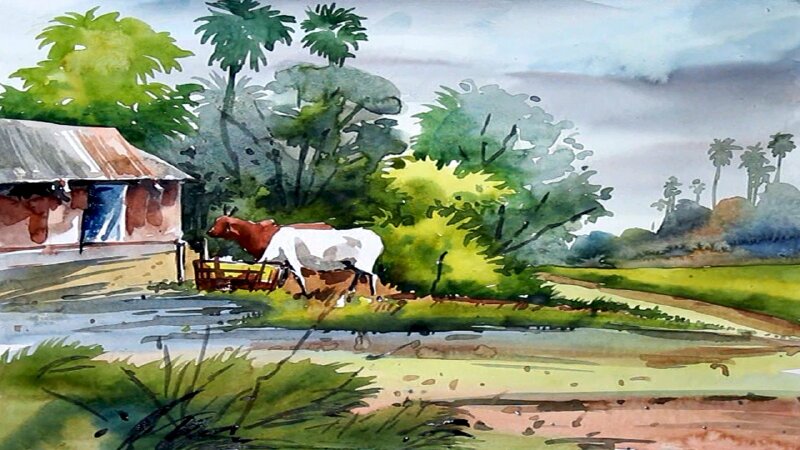 Tranh tranh trí hợp mệnh người tuổi Dậu phong cảnh làng quê