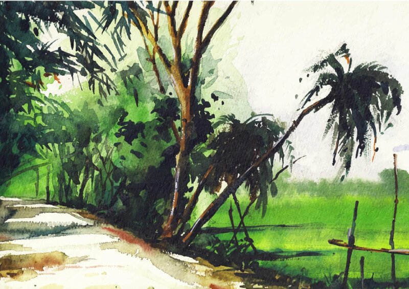 Tranh vẽ phong cảnh một góc làng quê thật bình yên