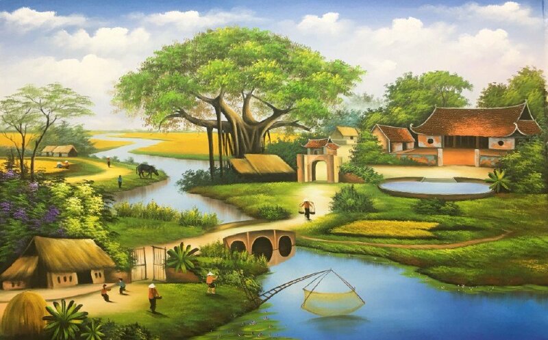 Tranh vẽ sơn dầu phong cảnh làng quê tuyệt đẹp làm tranh treo tường trang trí hợp mệnh người tuổi Dậu