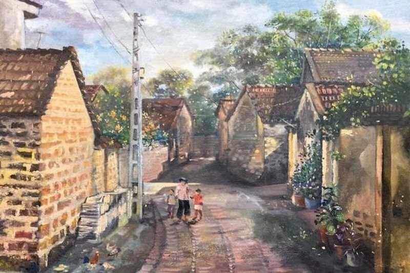 Tranh vẽ phong cảnh một làng quê yên bình ở miền Bắc