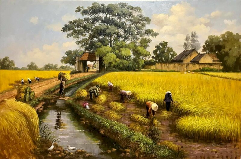Tranh phong cảnh hăng say làm việc trên cánh đồng