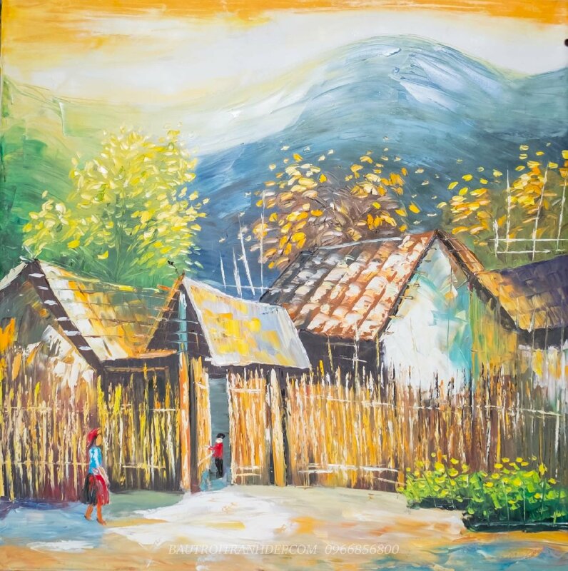 Tranh sơn dầu phong cảnh một ngôi làng Tây Bắc