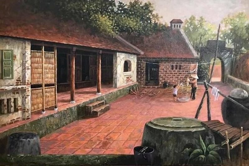 Tranh treo trường đẹp phong cảnh ngôi nhà truyền thống của làng quê miền Bắc