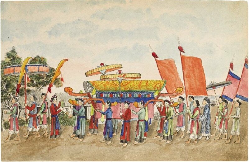 Tranh vẽ phong cảnh một lễ hội của người dân miền Bắc