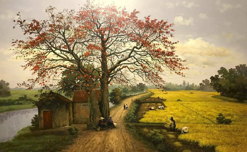Tranh phong cảng làng quê Bắc Bộ đẹp đến nao lòng
