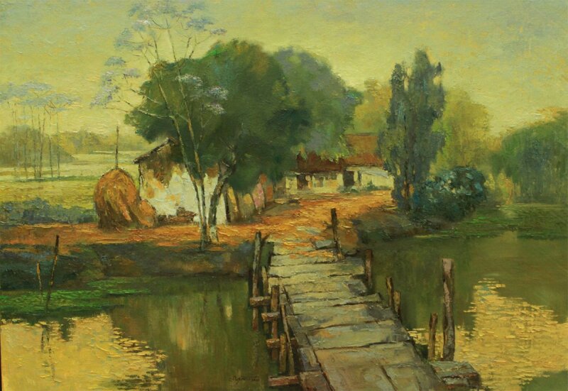 Tranh phong cảnh một góc bình yên nơi làng quê Bắc Bộ