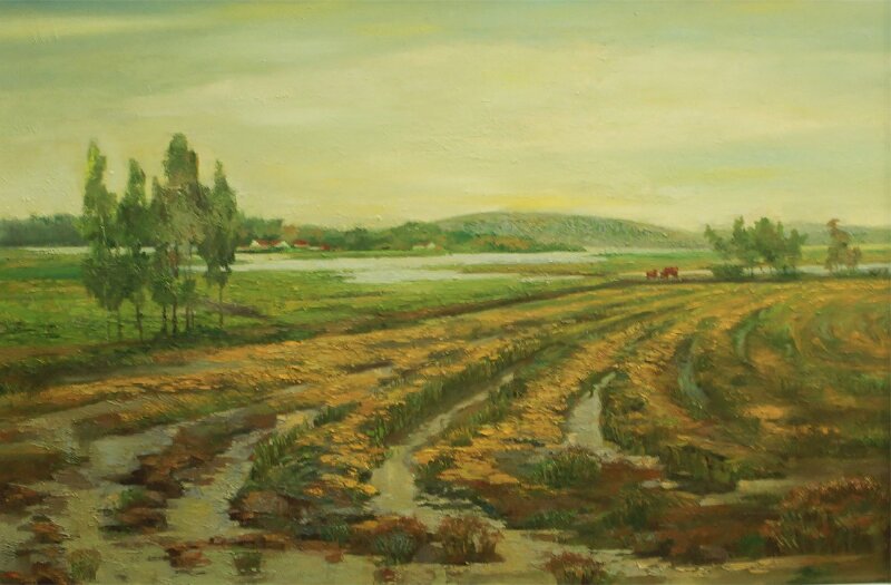 Tranh vẽ phong cảnh miền Bắc đẹp với hình ảnh đồng ruộng yên ả, triền đồi thoai thoải