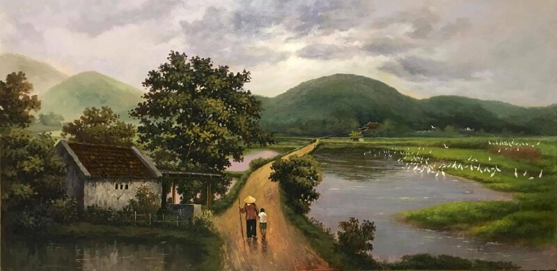 Tranh phong cảng làng quê Bắc Bộ đẹp đến nao lòng