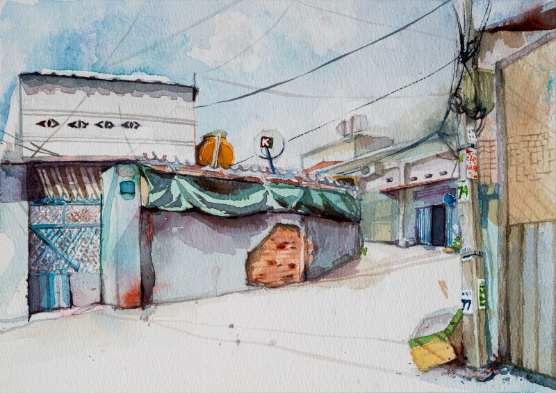 Tranh vẽ phong cảnh một con hẻm thật bình yên và quen thuộc của Sài Gòn