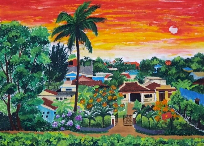 Tranh phong cảnh một ngôi làng thật bình yên ở miền Trung Việt Nam