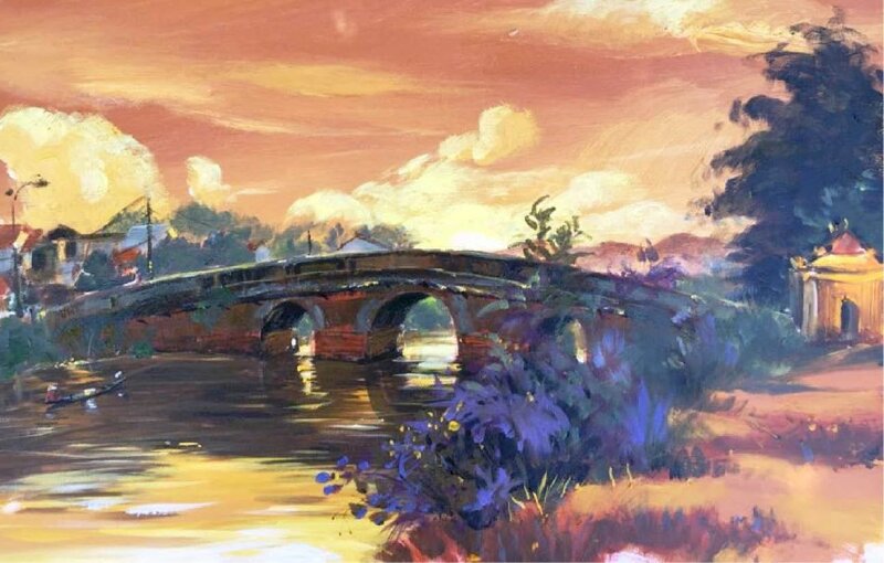 Tranh vẽ phong cảnh Cầu Kho bắc qua sông Ngự Hà bên trong Kinh thành Huế