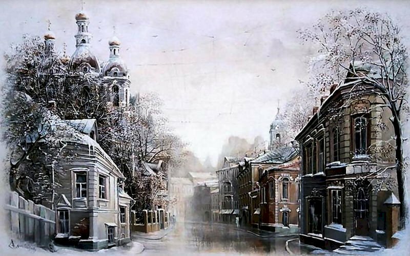 Tranh phong cảnh đường phố nước Nga mùa đông đẹp bình yên làm tranh treo tường đẹp