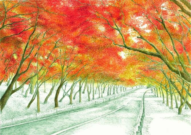 Tranh vẽ phong cảnh con đường mùa thu ở Hàn Quốc