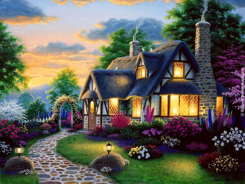 Tranh phong cảnh ngôi nhà trong khu vườn đầy hoa 3D