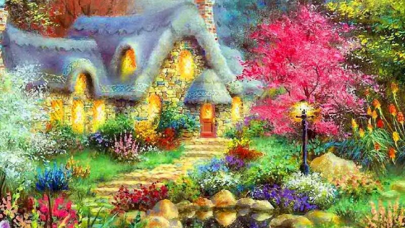 Tranh phong cảnh nhà đẹp trong khu vườn đầy cây xanh và hoa