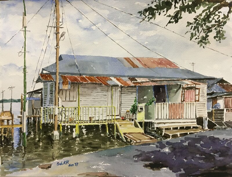 Tranh phong cảnh nhà sàn ở những vùng sông nước