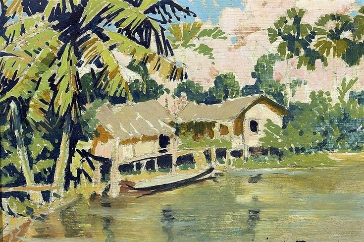 Tranh vẽ phong cảnh nhà sàn ven bờ sông Cửu Long đẹp, nghệ thuật