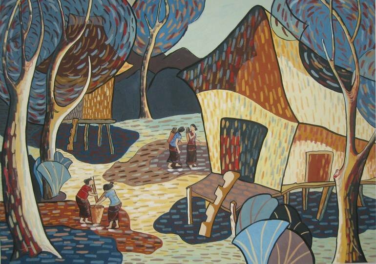 Tranh phong cảnh nhà sàn ở vùng núi