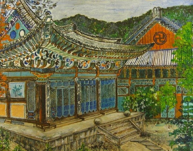 Tranh vẽ phong cảnh một ngôi đền cổ kính ở Hàn Quốc làm tranh treo tường đẹp