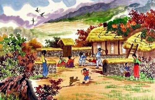 Tranh phong cảnh sinh hoạt ở một ngôi làng cổ tại Hàn Quốc