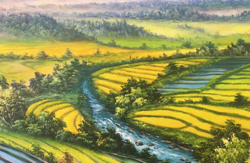 Tranh phong cảnh núi đồi, ruộng bậc thang Tây Bắc mùa lúa chín