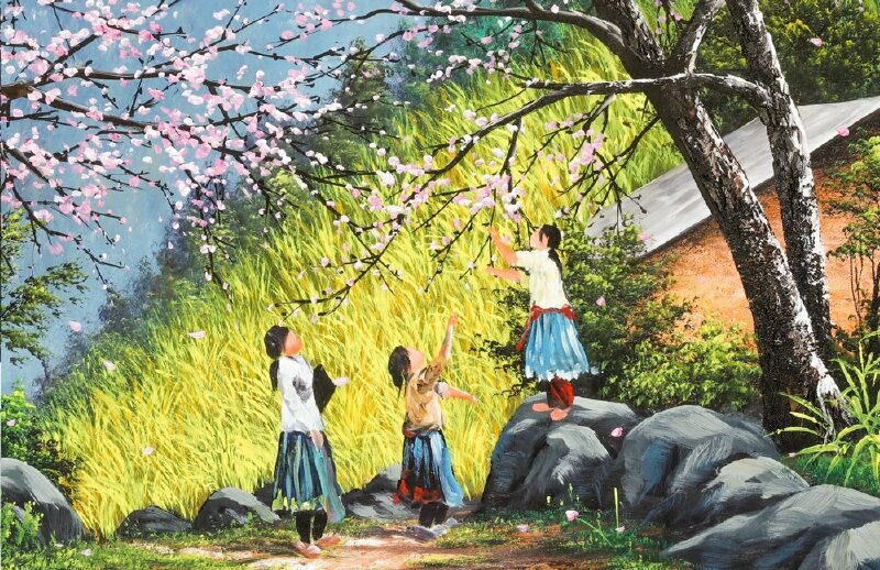 Tranh phong cảnh Sapa mùa Xuân những đứa trẻ nô đùa hái hoa