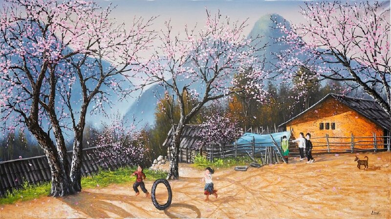 Tranh phong cảnh đám trẻ nô đùa ngày Xuân trên miền Tây Bắc