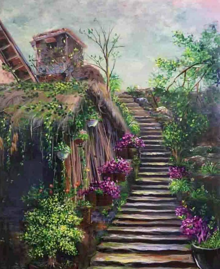 Tranh phong cảnh con đường bậc thang nhỏ nơi miền quê Tây Bắc yên bình