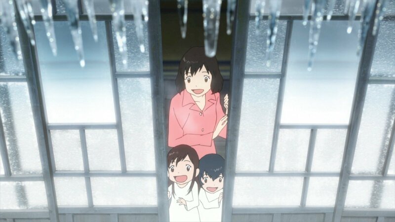 Tranh phong cảnh thiếu nhi bình yên với 3 mẹ con đang mừng tuyết tan