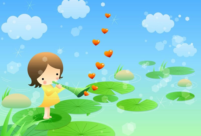 Tranh phong cảnh thiếu nhi cô gái nhỏ đang thôi chơi nhạc cụ bên hồ sen