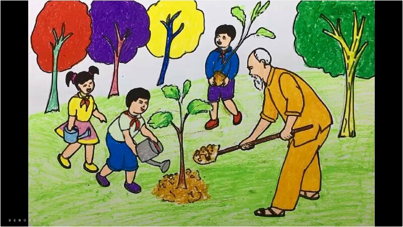 Tranh phong cảnh thiếu nhi và Bác Hồ đang trồng cây